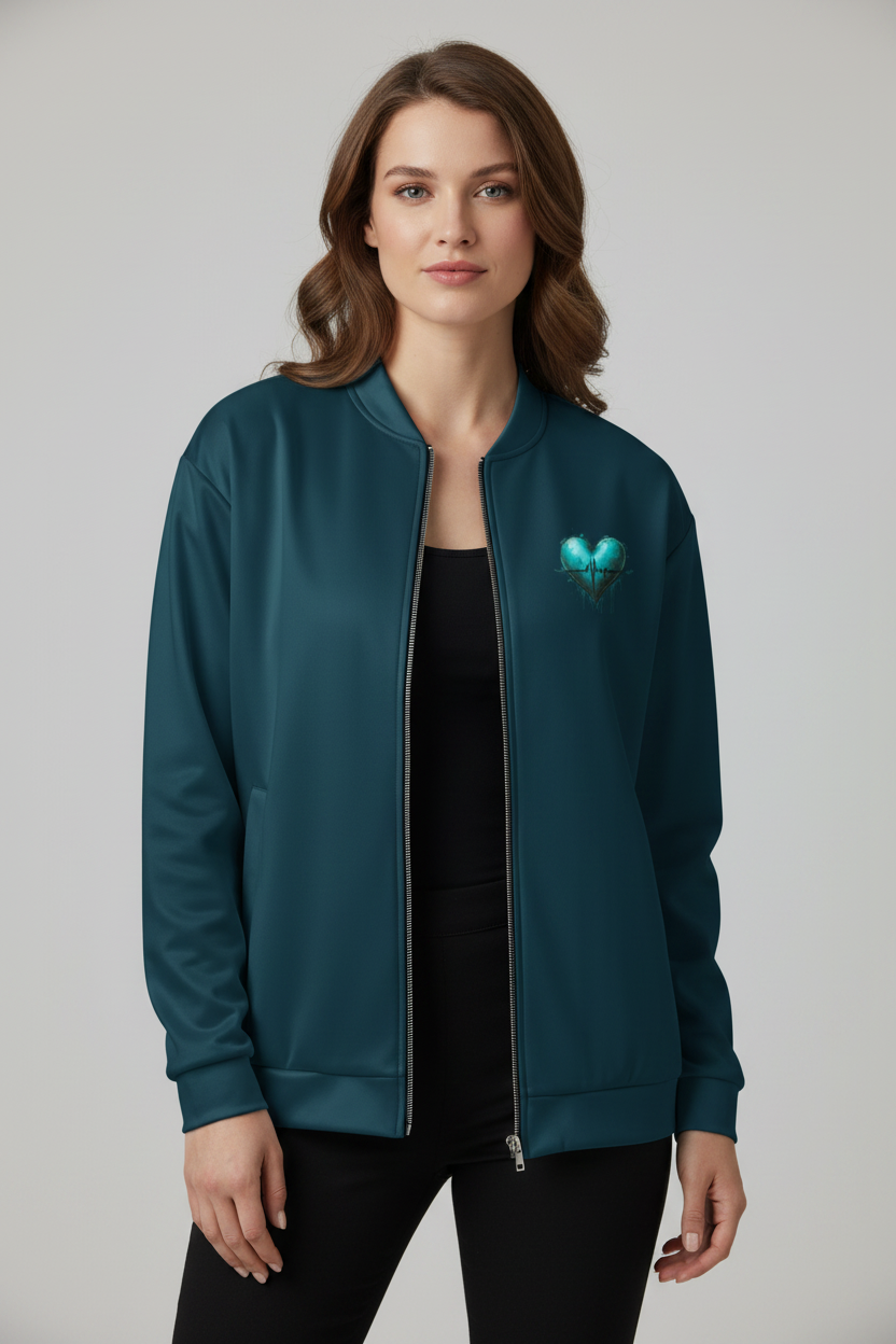 Woman wearing a teal bomber jacket with a butterfly design on a plain background