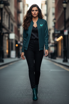 A woman walks down a city street wearing a dark teal bomber jacket with a small light blue butterfly logo on the left chest, a black satin top, black pants, and teal ankle boots.