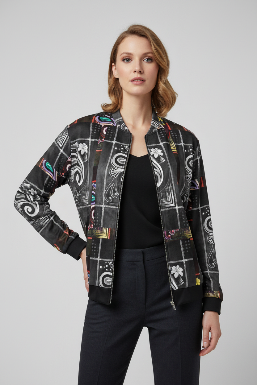 Woman wearing a patterned jacket and black pants on a gray background
