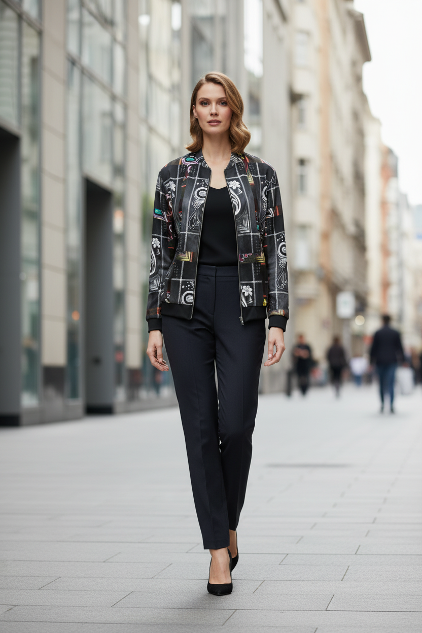 Woman walking on a city street wearing a patterned jacket and black pants.