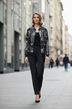 Woman walking on a city street wearing a patterned jacket and black pants.