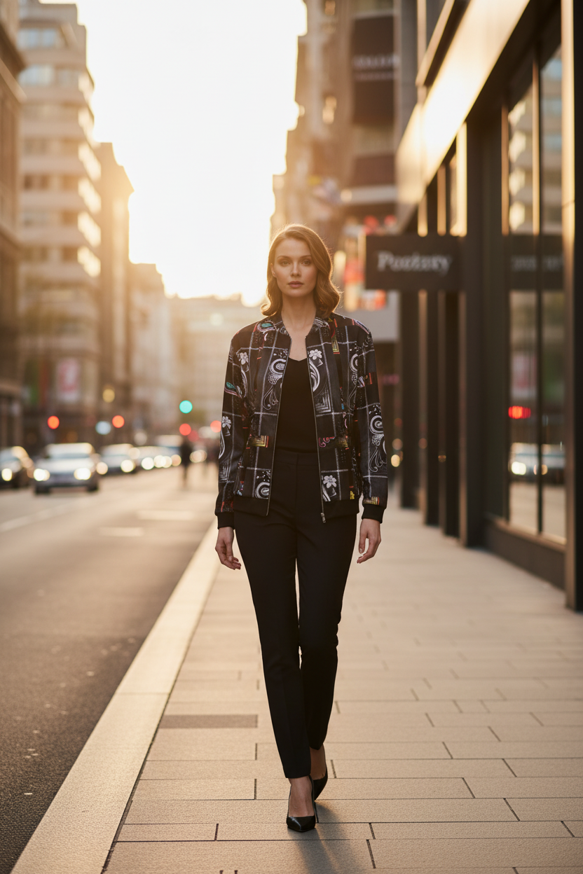 Woman walking on a city street with buildings and cars in the background