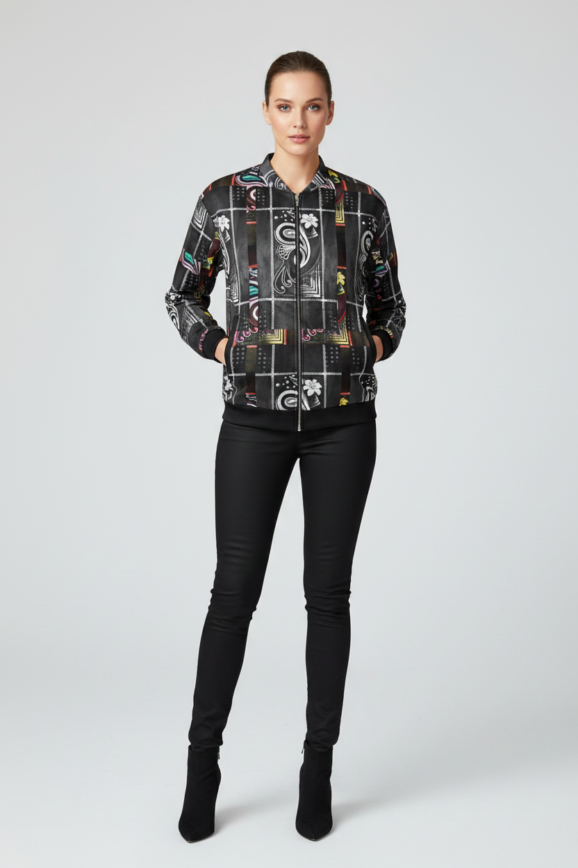 Person wearing a patterned jacket and black pants on a white background