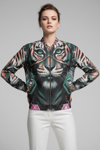 Woman wearing a jacket with a tiger design on a gray background