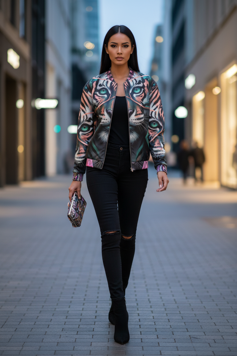 Woman walking on a city street wearing a colorful jacket and black pants.