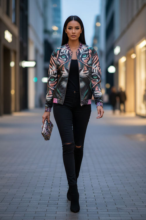 Woman walking on a city street wearing a colorful jacket and black pants.