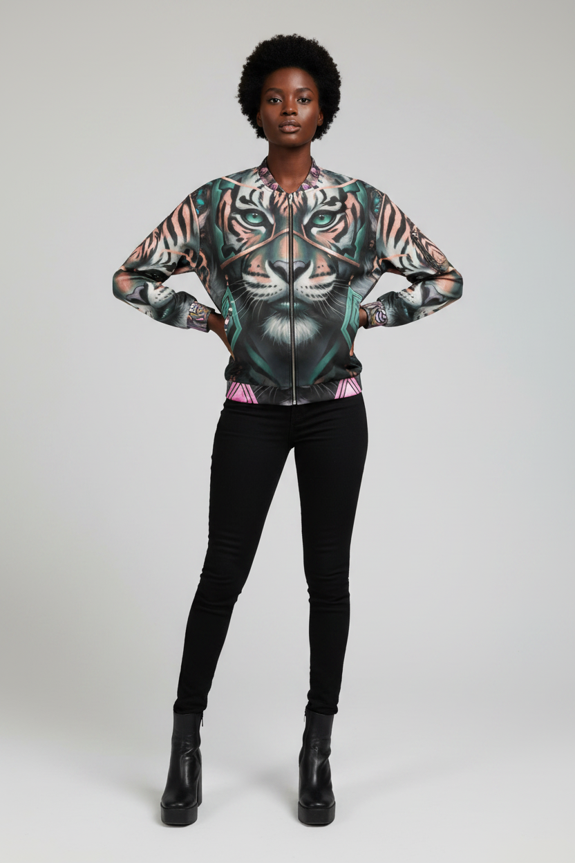 Person wearing a tiger-themed shirt with black pants on a white background