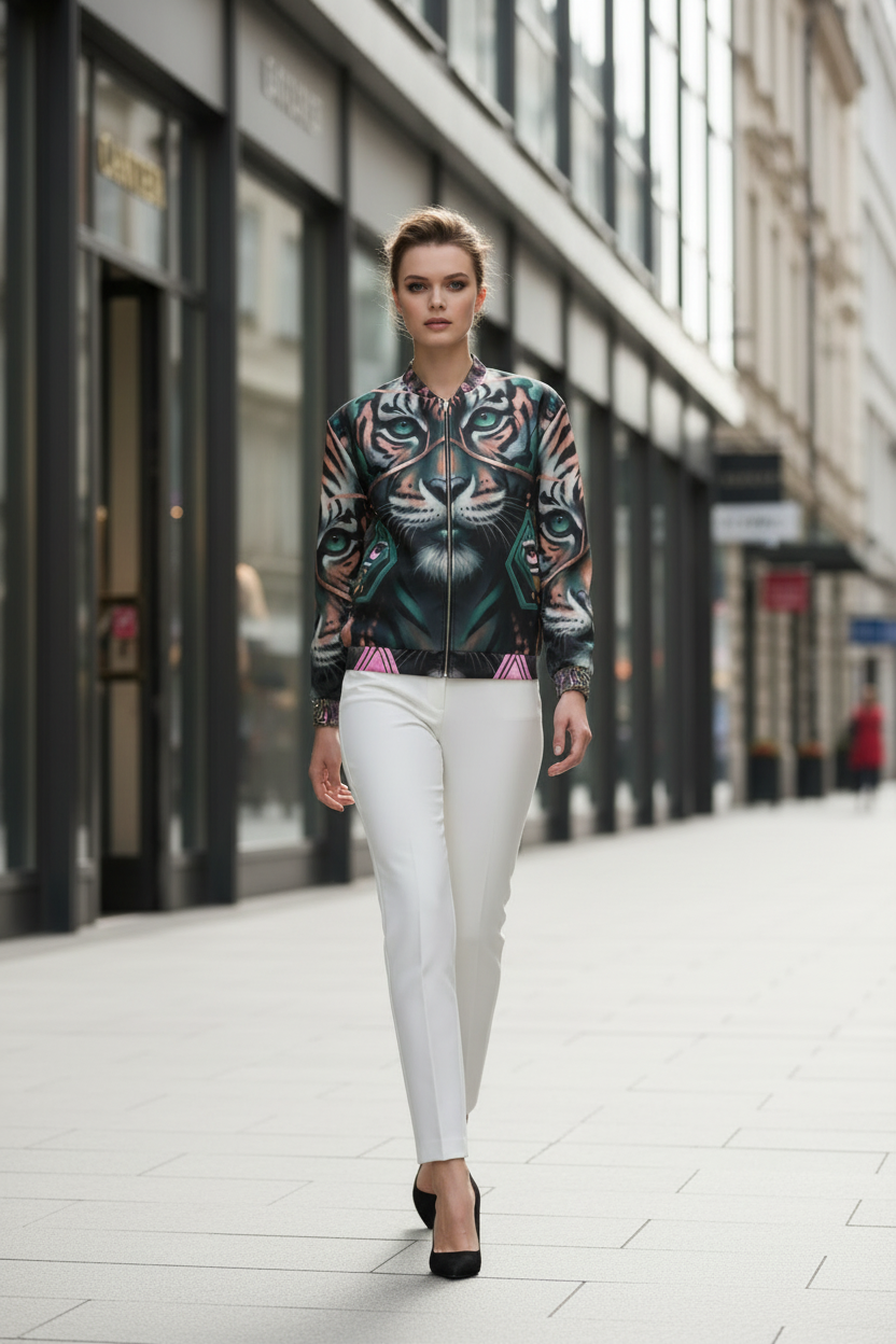 Woman wearing a patterned jacket and white pants walking on a city street.