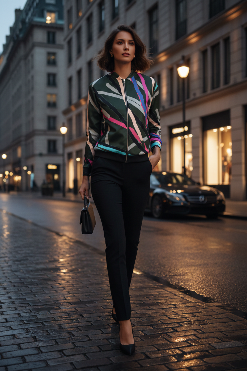 A woman walks down a wet cobblestone city street at dusk wearing a colorful abstract-patterned zip-up bomber jacket, black pants, and black heels, holding a small handbag.
