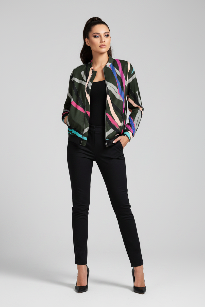 A woman modeling a dark green patterned bomber jacket with pink, blue, and beige abstract stripes, worn over a black top and black pants, against a light gray studio background.