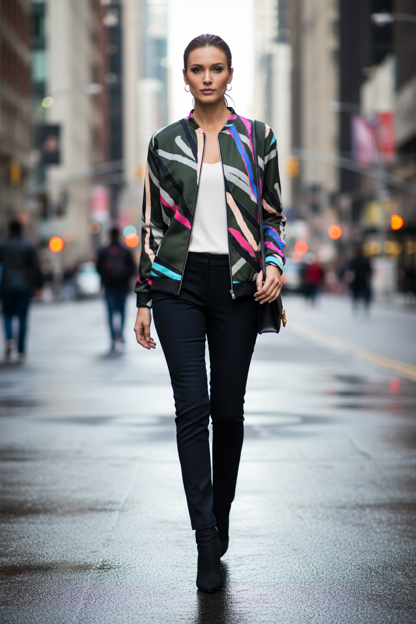 A woman walking down a wet city street wearing a green patterned bomber jacket with pink, blue, and white stripes, black pants, and black ankle boots.