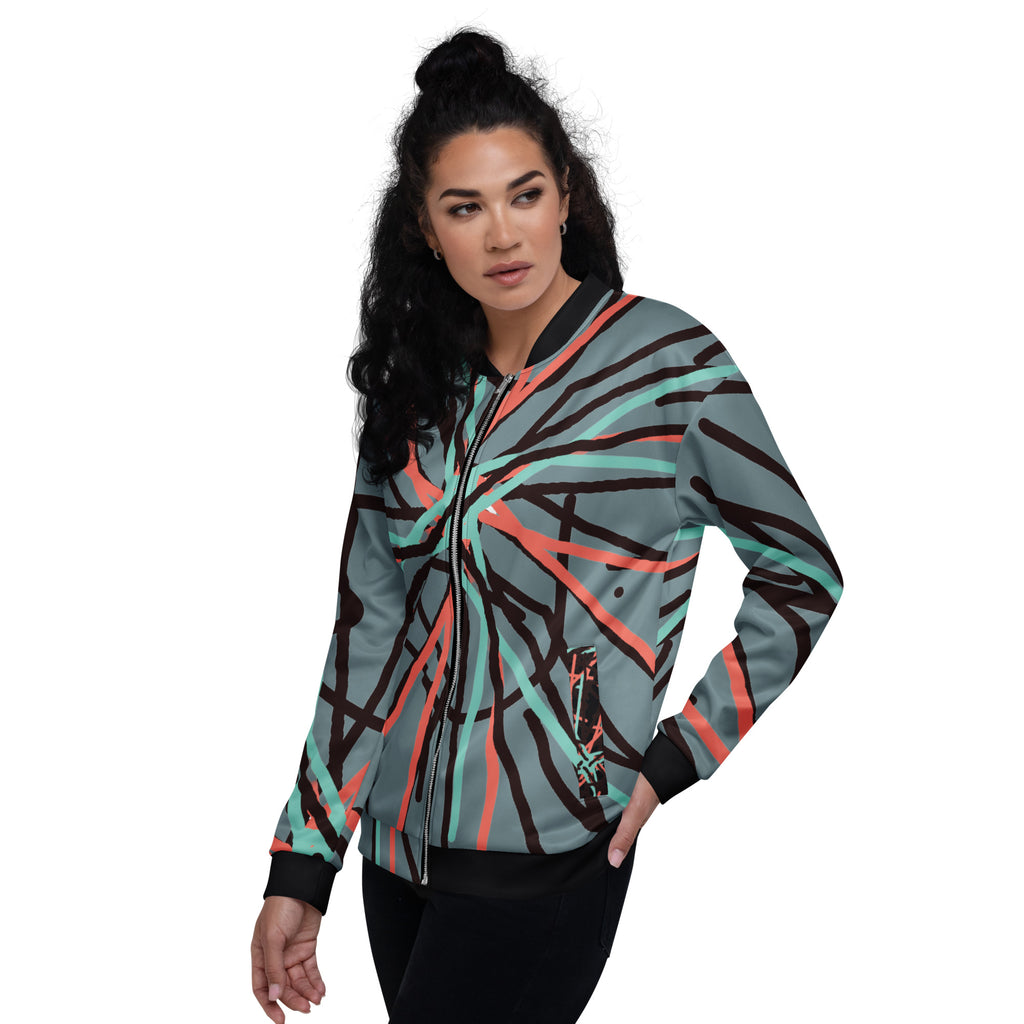 Side profile of the bold abstract art bomber jacket highlighting the seamless print alignment.