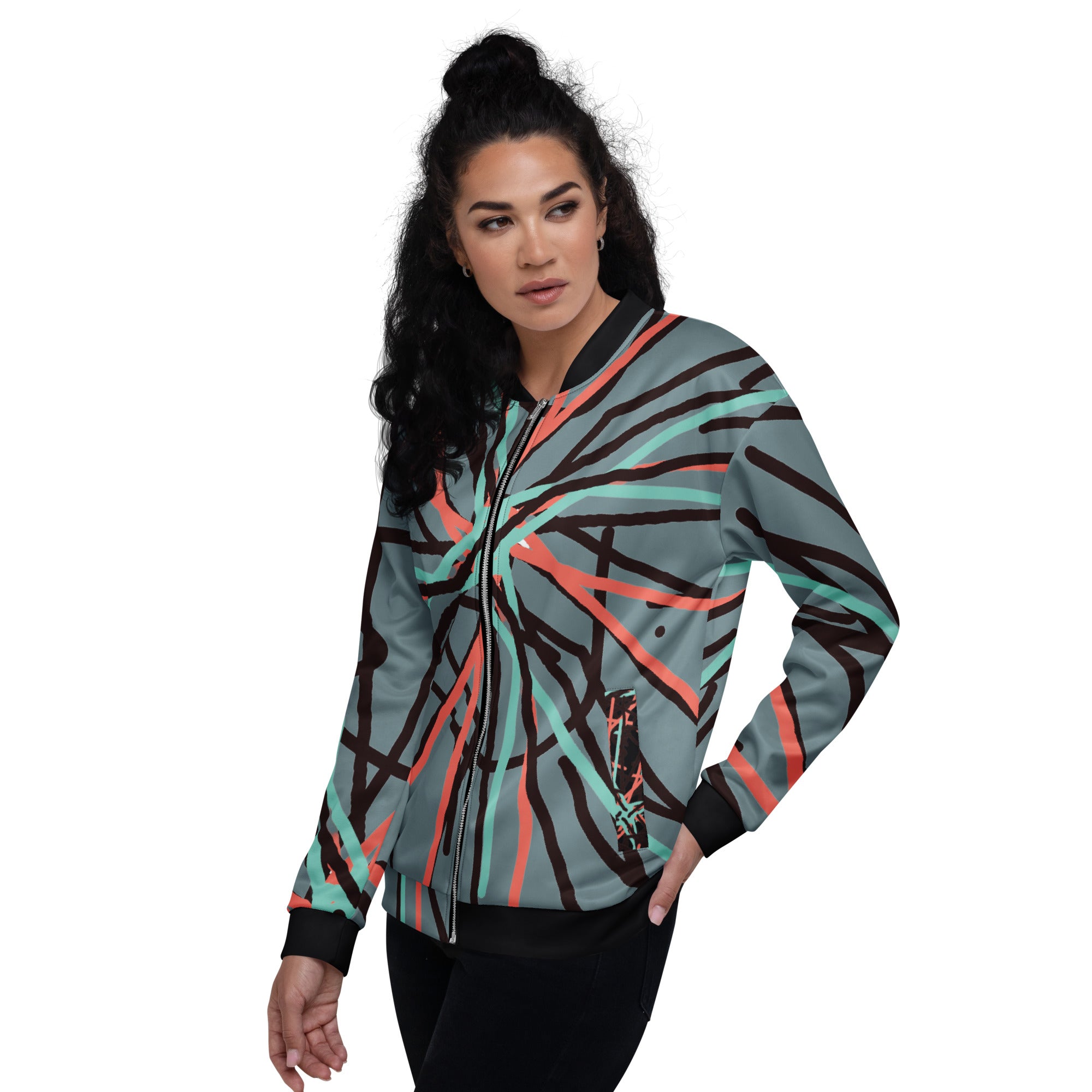 Side profile of the bold abstract art bomber jacket highlighting the seamless print alignment.