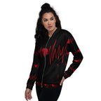 Apparelhue unisex bomber jacket in black with a vibrant red heartbeat EKG line design.