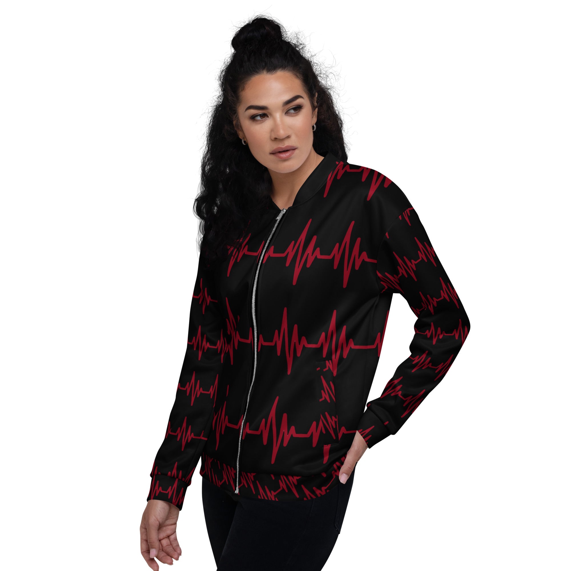 Model wearing Apparelhue heartbeat bomber jacket styled with black streetwear trousers.