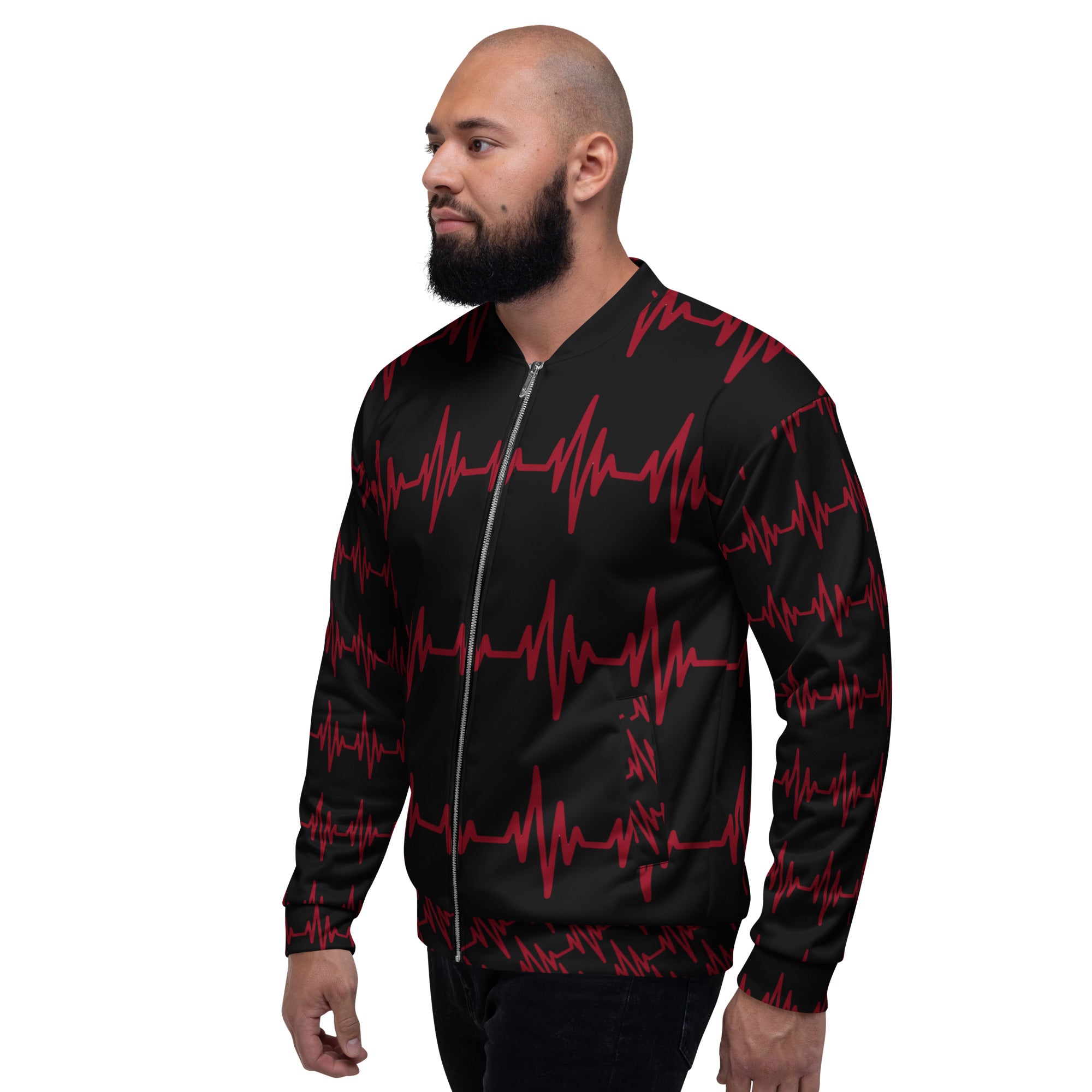 Side profile of unisex bomber jacket showing the seamless EKG graphic transition.