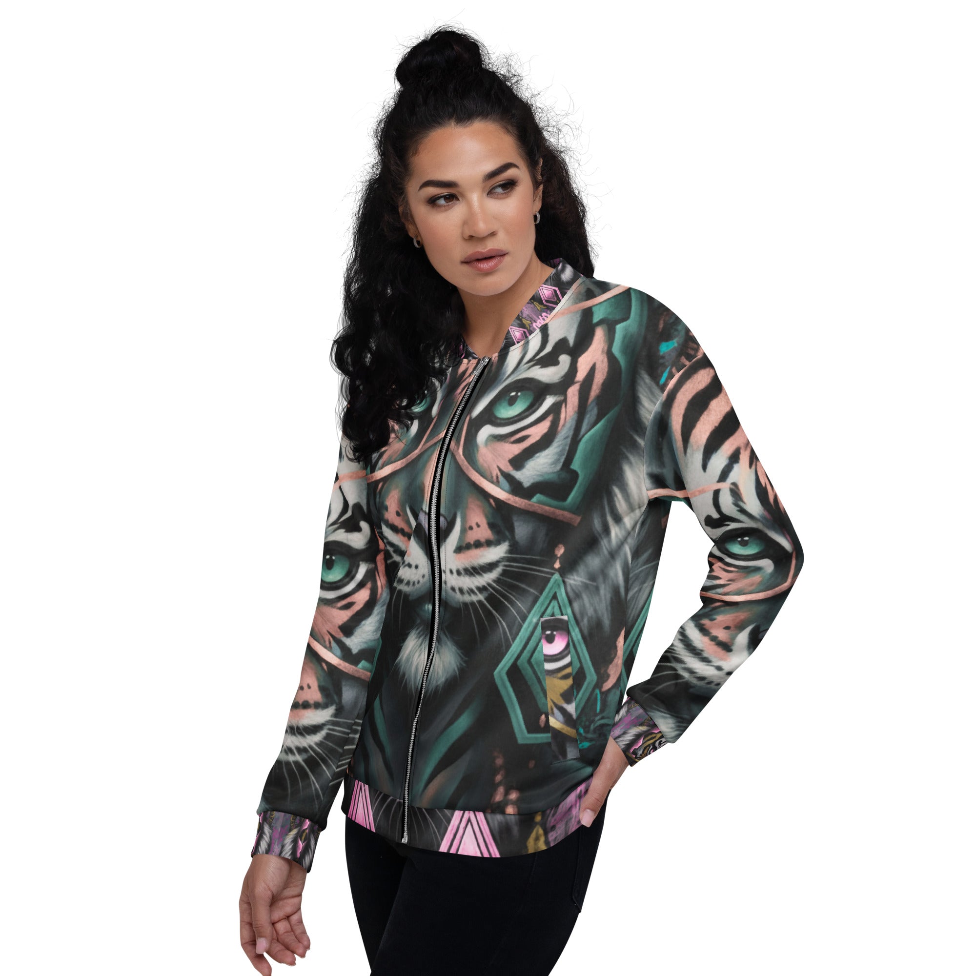 Creative tiger art fashion jacket detail. Urban streetwear tiger jacket styling