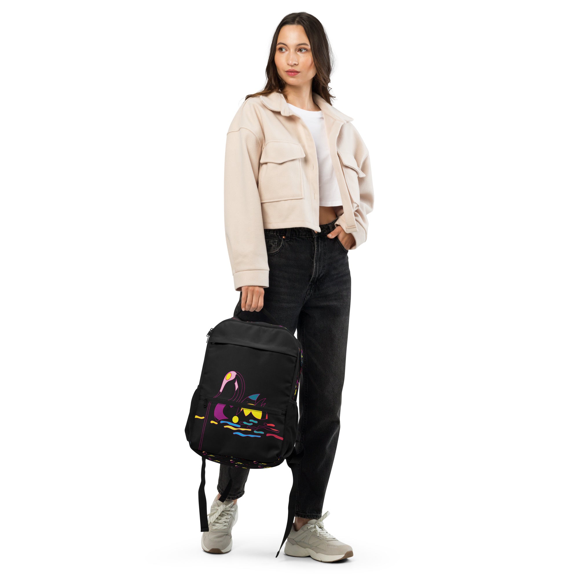 Elegant swan illustration detail on the front pocket of the utility bag.