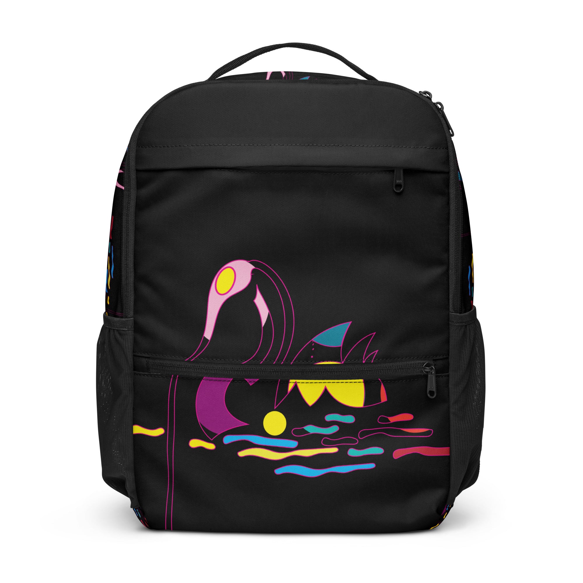 Swan art print utility backpack featuring white swan illustration on black background