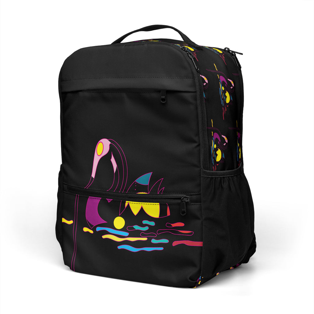 Front view of Apparel Hue Art swan rucksack with durable straps.