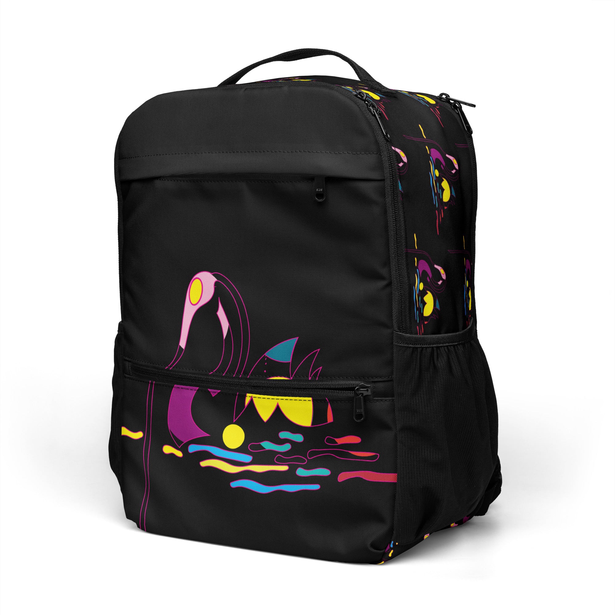 Front view of Apparel Hue Art swan rucksack with durable straps.