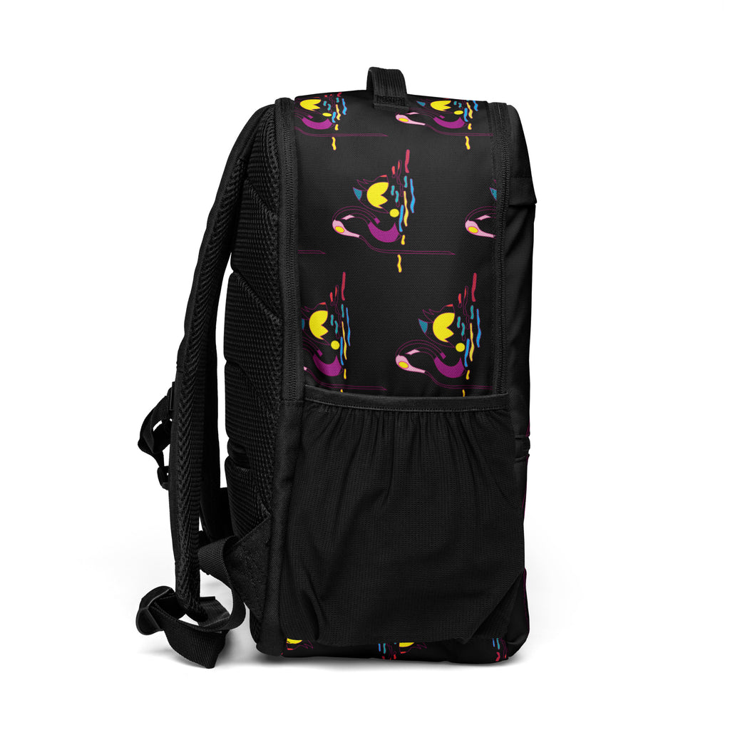 Side profile of the swan print rucksack showing mesh water bottle pocket.