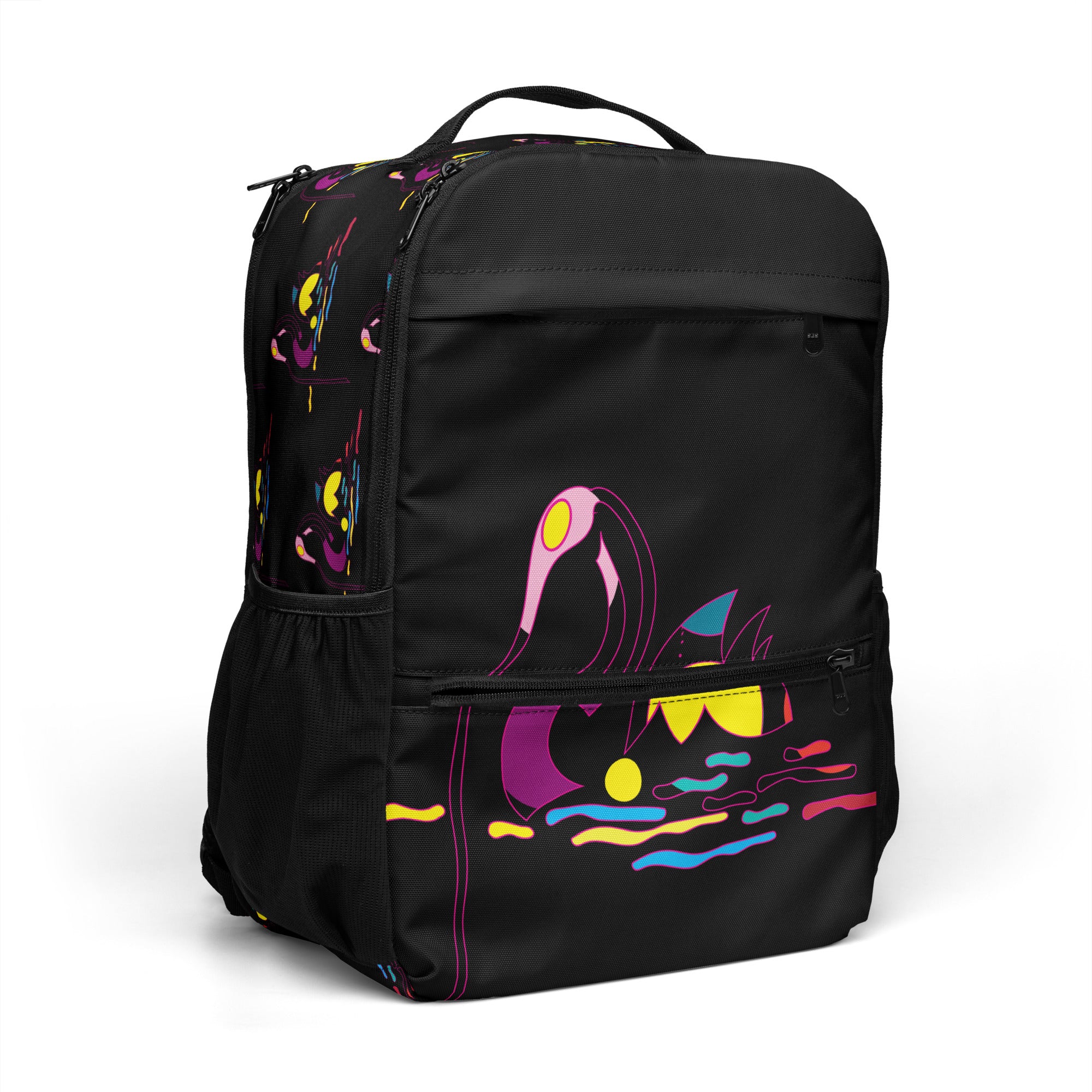 Flat lay of the swan backpack with a laptop, notebook, and water bottle.