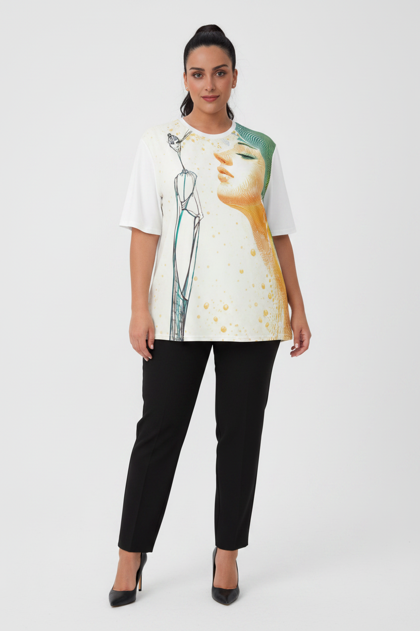 Woman wearing a white t-shirt with a graphic design on a white background