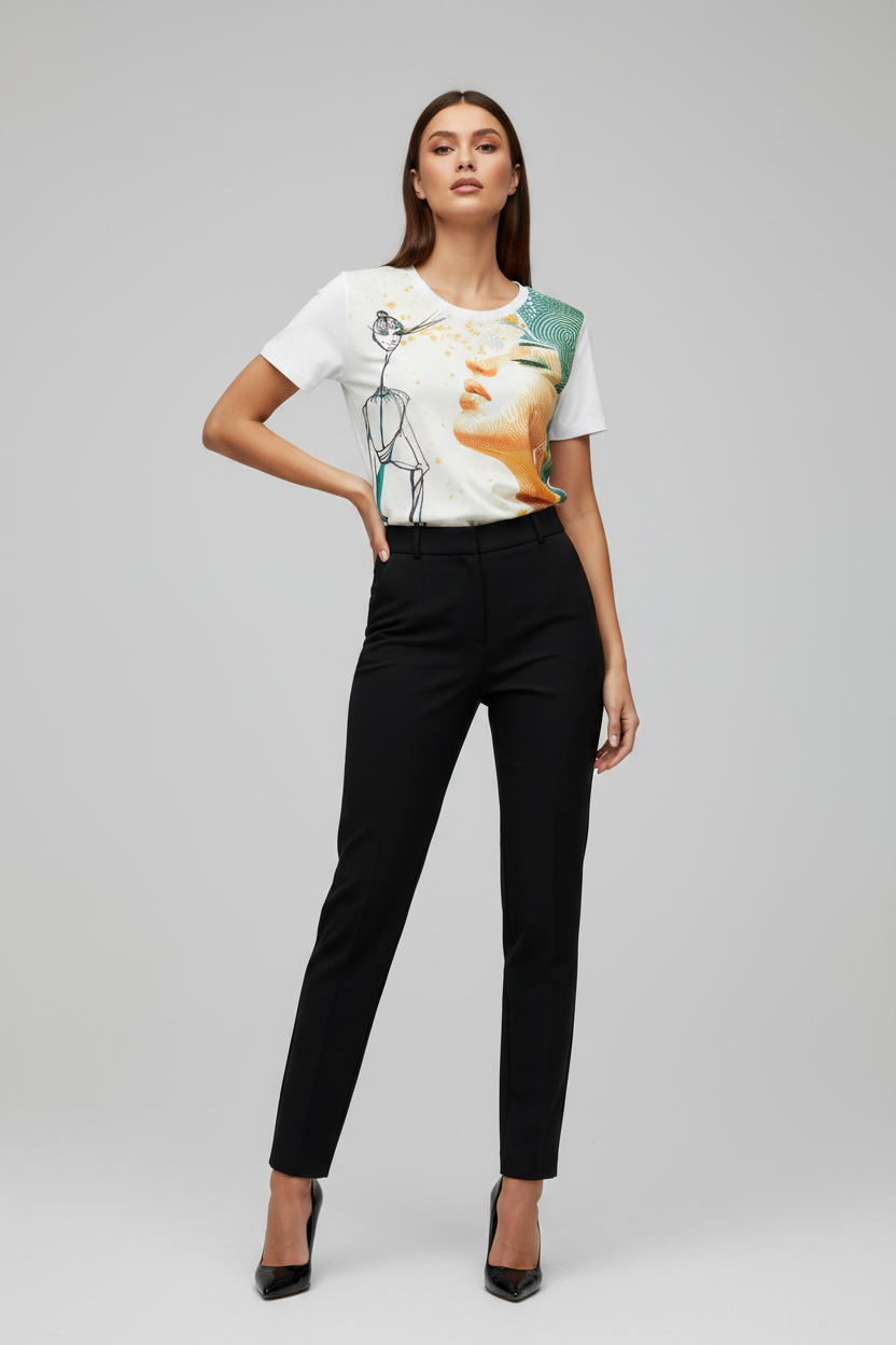 Woman wearing a graphic t-shirt and black pants on a gray background