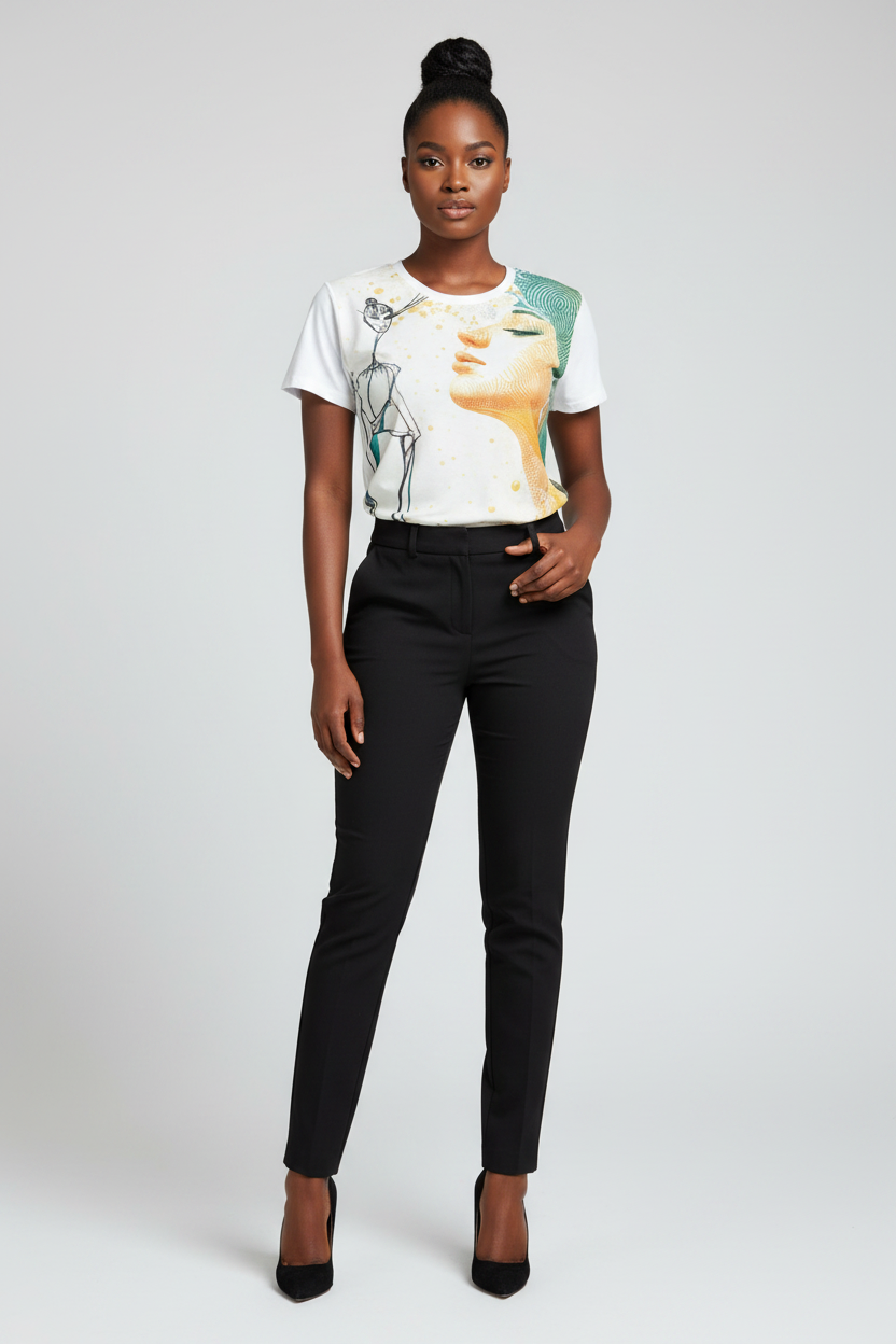 Woman wearing a graphic t-shirt and black pants on a white background