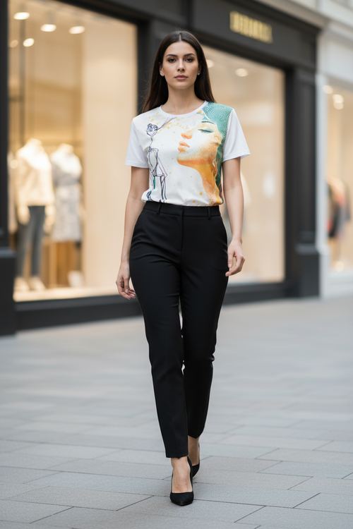 Woman wearing a graphic t-shirt and black pants walking on a city street.