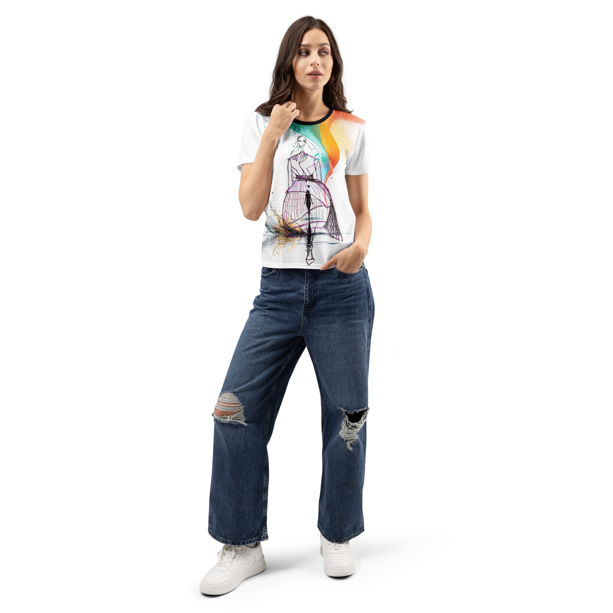 Artistic graphic t-shirt with broken birdcage and vibrant colour explosion design on black tee