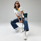 Freedom themed graphic tee with abstract orange blue and gold colour flow artwork