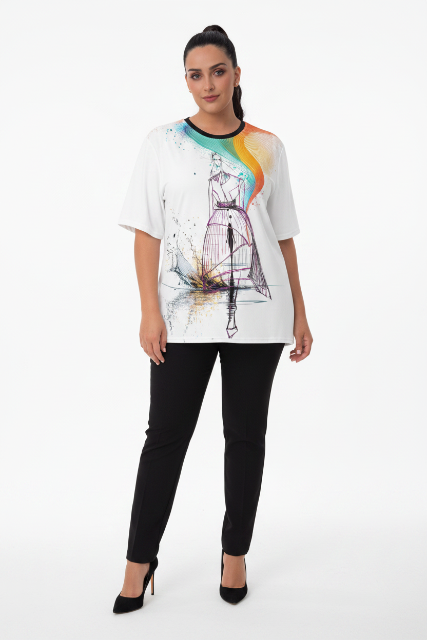 Woman wearing a white t-shirt with a colorful graphic design and black pants on a white background
