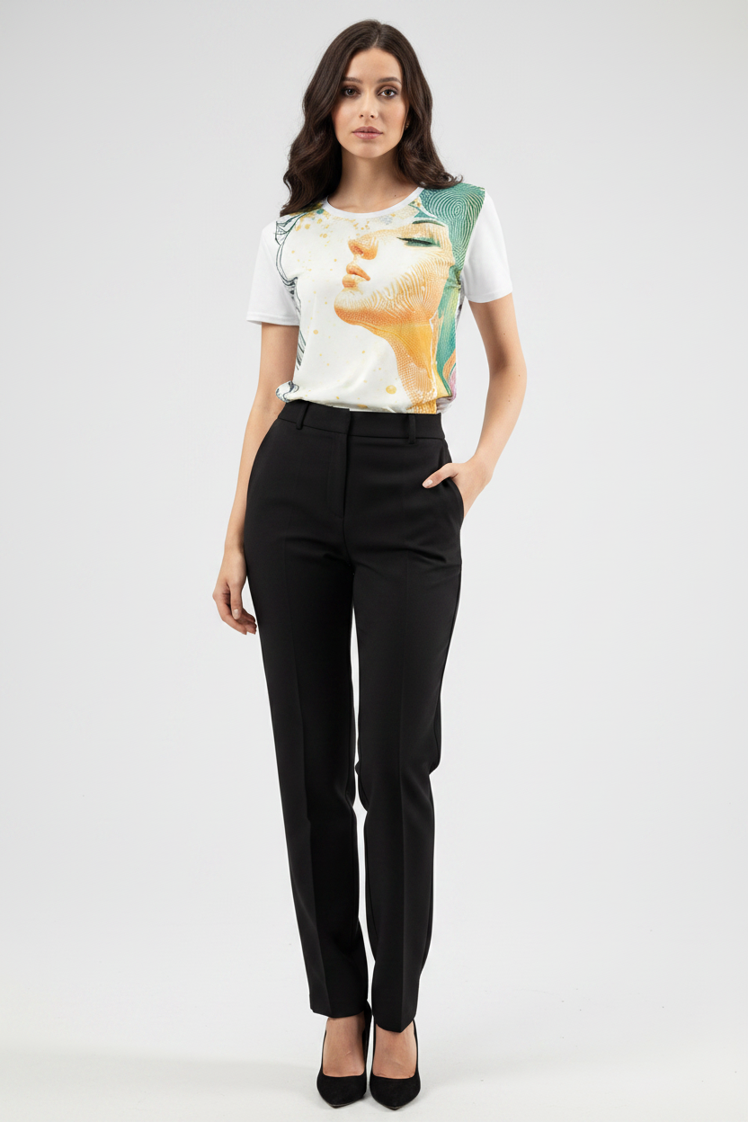 Woman wearing a white t-shirt with a colorful design and black pants on a white background