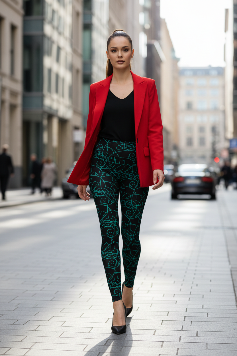 A woman walking down a city street wearing a bright red blazer, a black top, and black leggings with a teal abstract swirl pattern, paired with black heels.