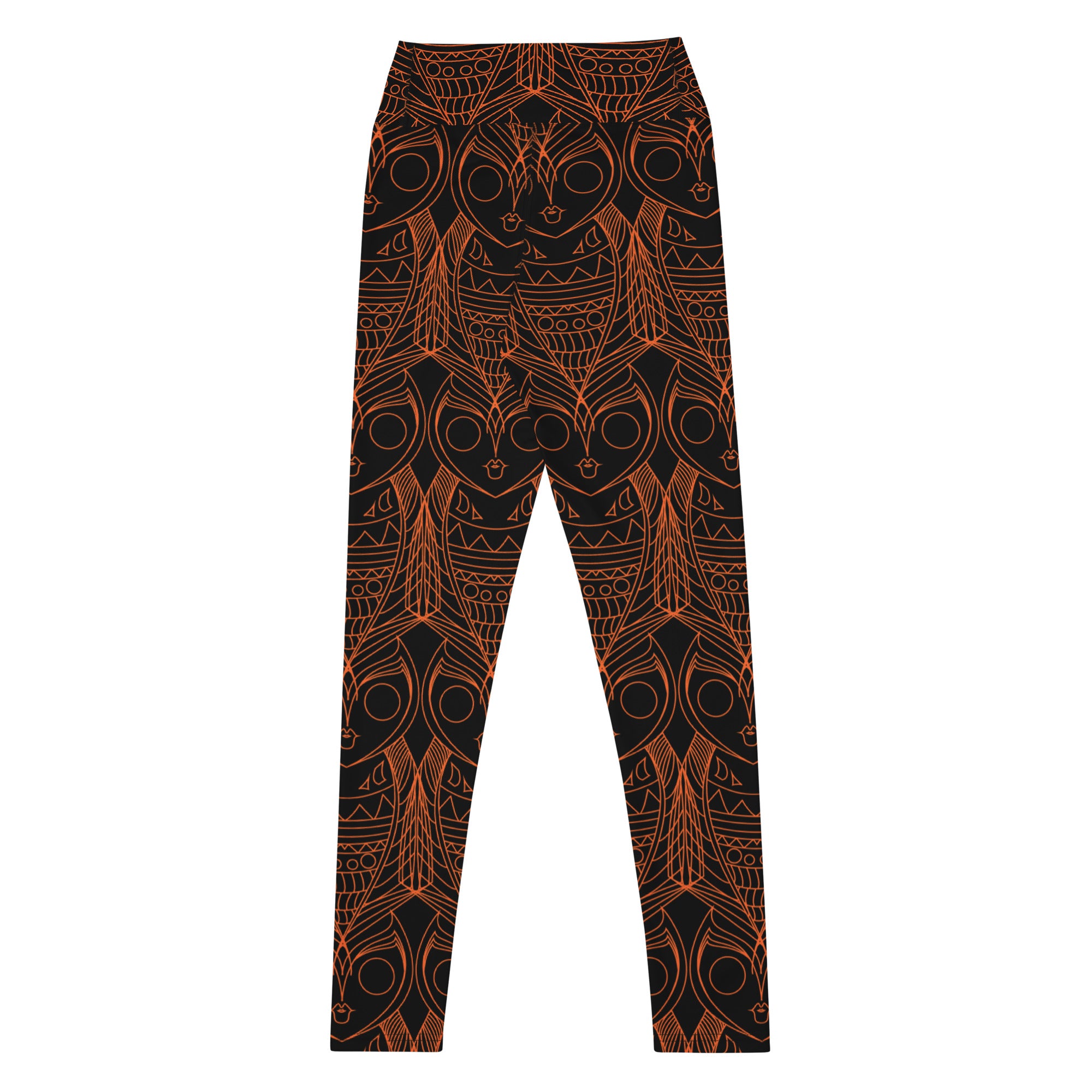 Flat lay owl yoga pants women active leggings product shot – colourful intricate print on black background.