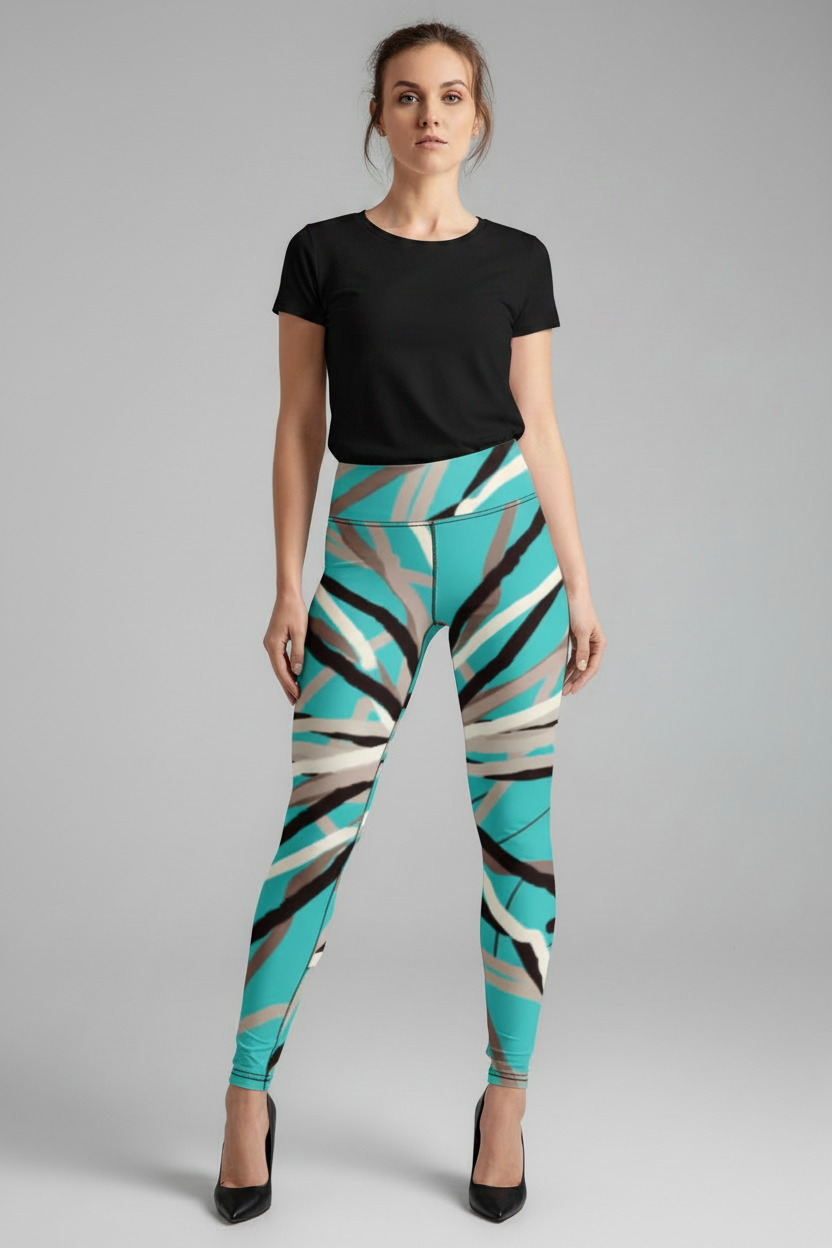 A woman modeling high-waisted leggings with a bold abstract geometric pattern in turquoise, beige, black, and gray, paired with a black t-shirt and black heels, against a neutral gray studio background.