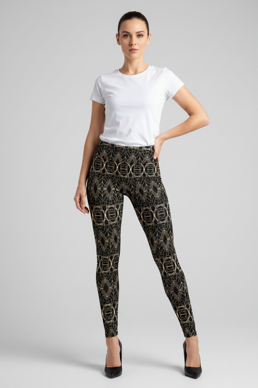 A woman modeling black leggings with a gold chain-link pattern, paired with a white t-shirt and black heels, against a light gray studio background.