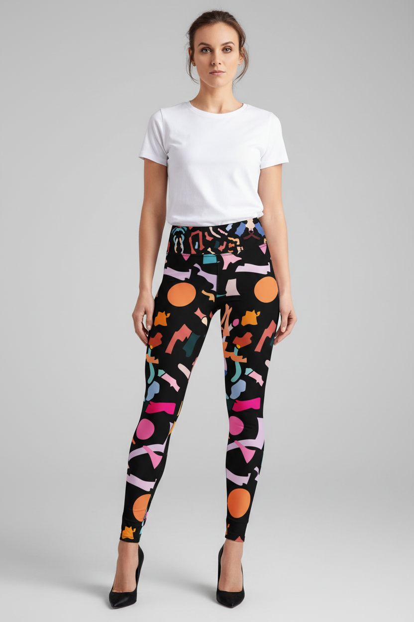 Woman wearing colorful patterned leggings on a gray background