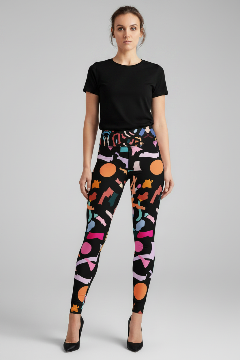 A model wearing high-waisted black leggings with a colorful abstract geometric print, paired with a black t-shirt and black heels, against a neutral gray background.