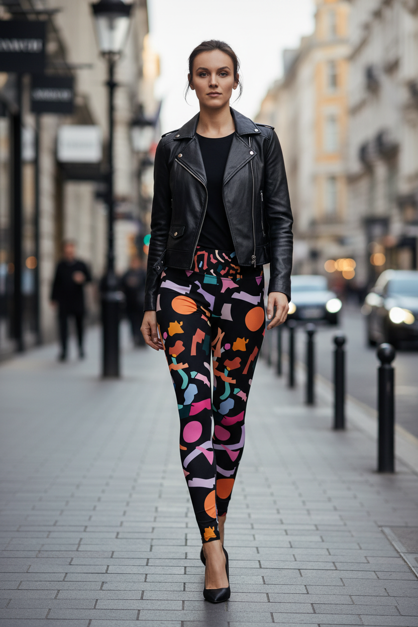 A woman walking down a city street wearing a black leather moto jacket, a black top, and black leggings with a colorful abstract pattern of orange, pink, blue, and white shapes.