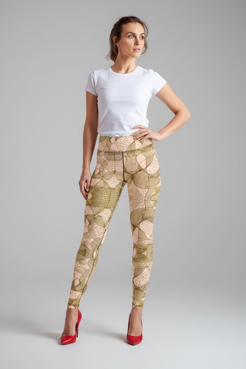 A woman modeling high-waisted leggings with an abstract geometric pattern in olive green, beige, and brown, paired with a white t-shirt and red high heels, against a solid gray studio background.