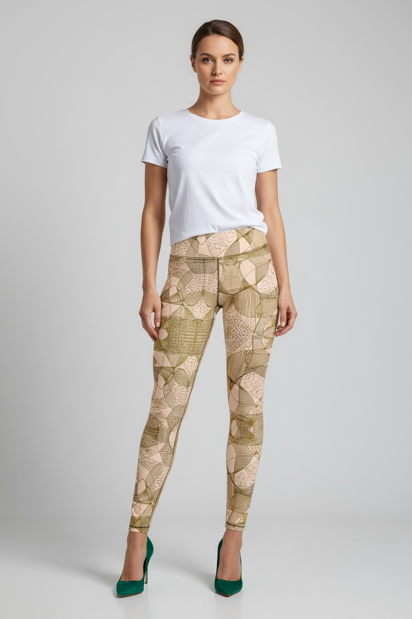 A model stands against a light gray studio background wearing high-waisted leggings with a beige and olive geometric pattern, a white t-shirt, and green high heels.