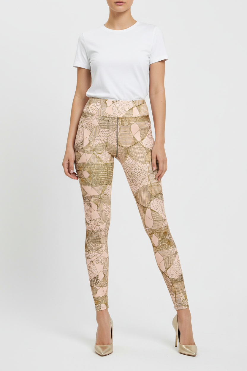 A model wearing high-waisted leggings with a beige and pink patchwork geometric pattern, styled with a white t-shirt and beige high heels against a light gray studio background.
