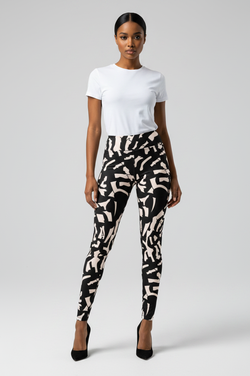A model stands against a light gray studio background wearing a white short-sleeve crewneck top, black and beige abstract patterned leggings, and black high heels.