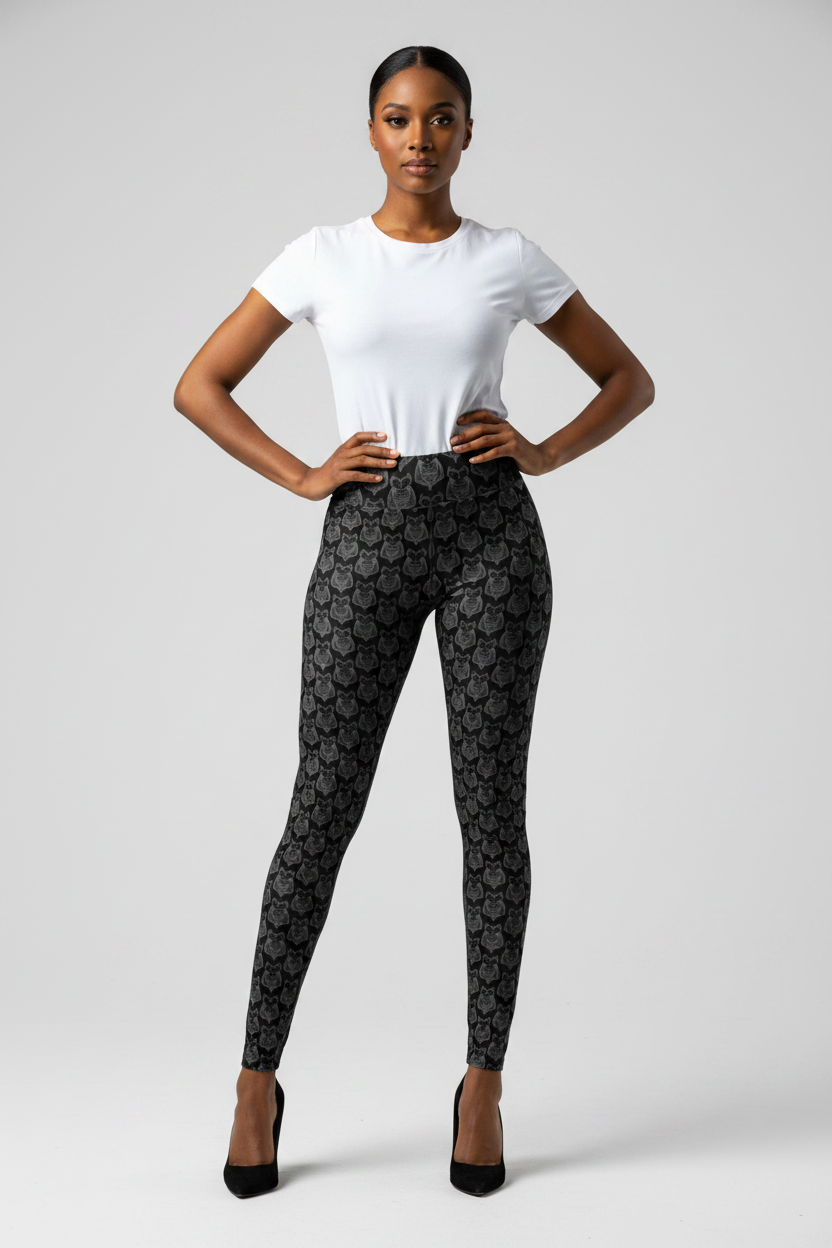 A woman modeling black leggings with a repeating gray monogram pattern, styled with a white t-shirt and black heels against a light gray studio background.