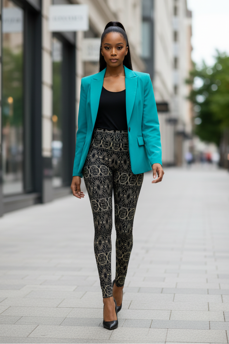A woman walking down a city street wearing a bright turquoise blazer, a black top, and black leggings with a beige geometric pattern, paired with black pointed-toe heels.