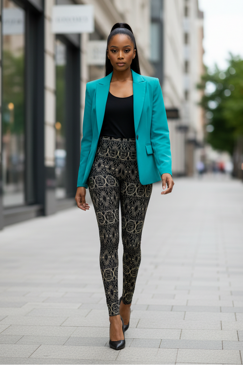 A woman walking down a city street wearing a bright turquoise blazer, a black top, and black leggings with a beige geometric pattern, paired with black pointed-toe heels.