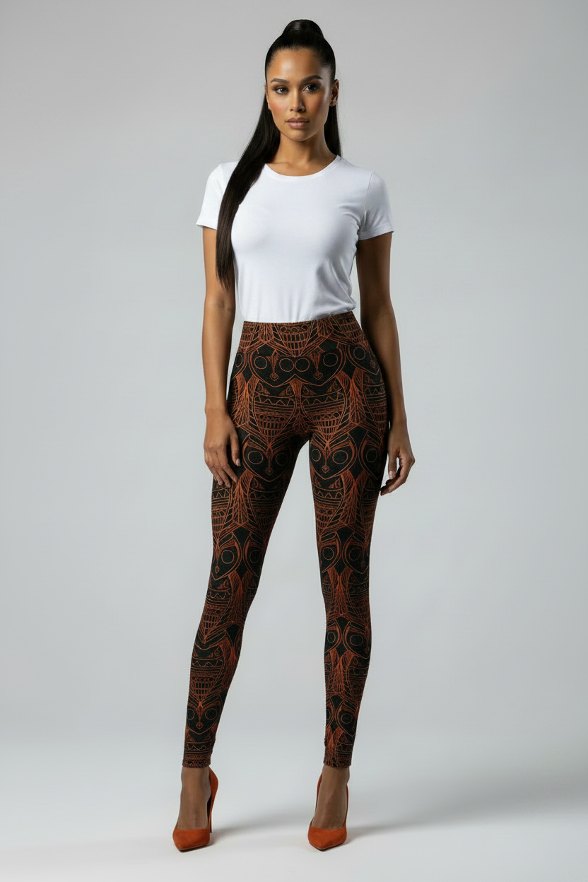 Woman wearing a white t-shirt and patterned leggings on a plain background